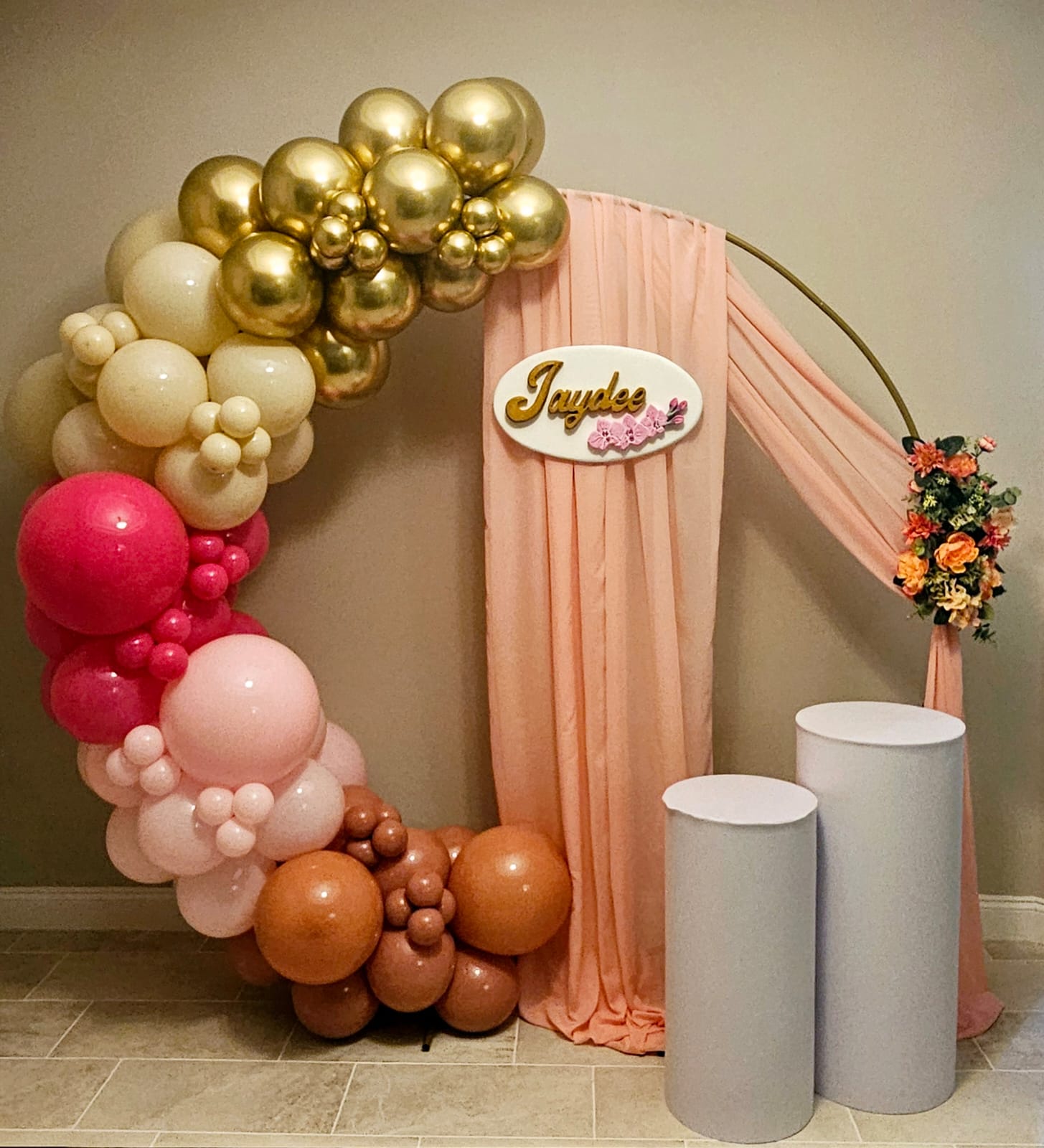 Pink gold ring arch event decoration